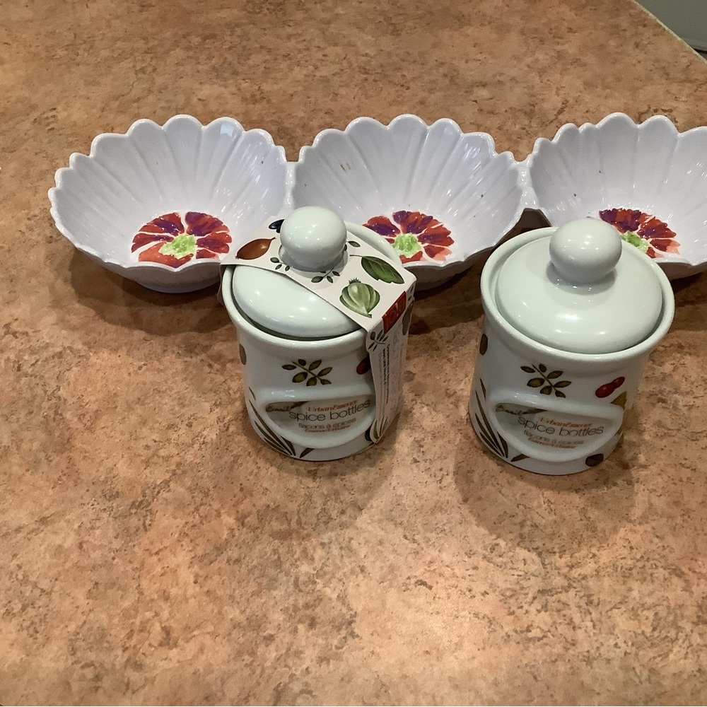 Ceramic White Spice Jars with Floral Accent - Set of 2